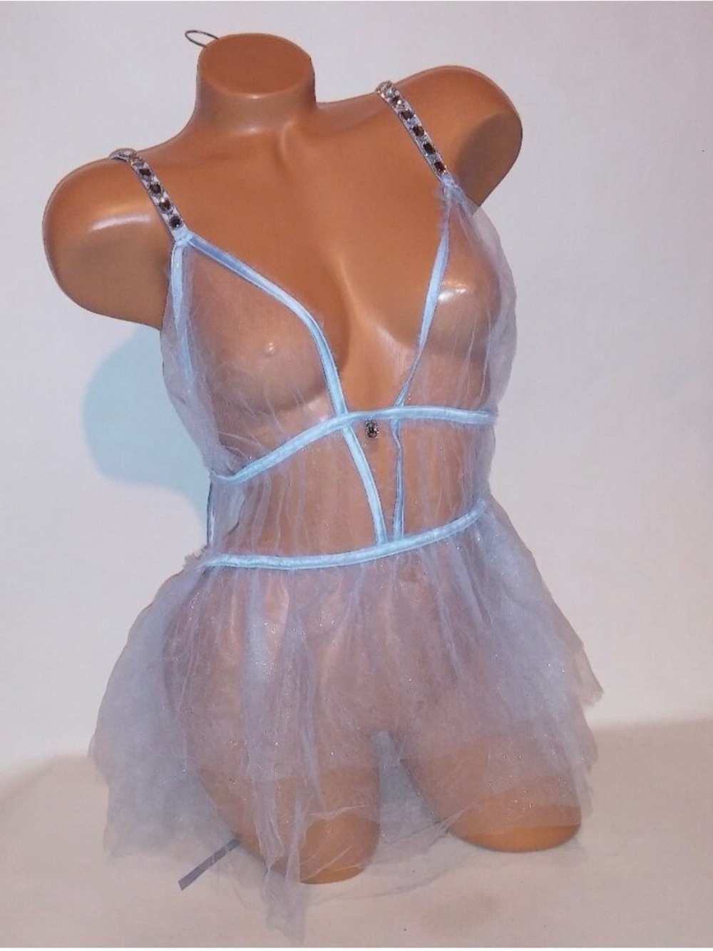 Victoria’s Secret Sheer Light Blue XXL Tulle Bling Gem Babydoll